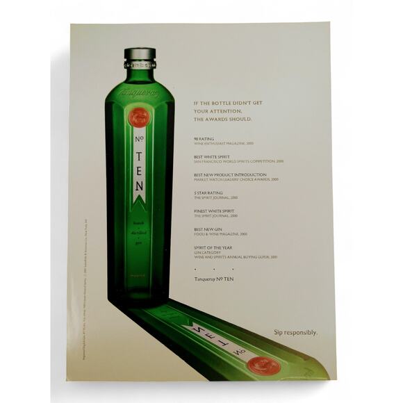 2001 Tanqueray No TEN Print Ad Green Bottle Mirror Shadow Awards y2k Ephemera - Picture 1 of 8
